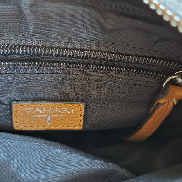 Tahari Genuine Pebbled Leather Crescent Crossbody Bag Purse Tan Adjustable Strap - Picture 10 of 16